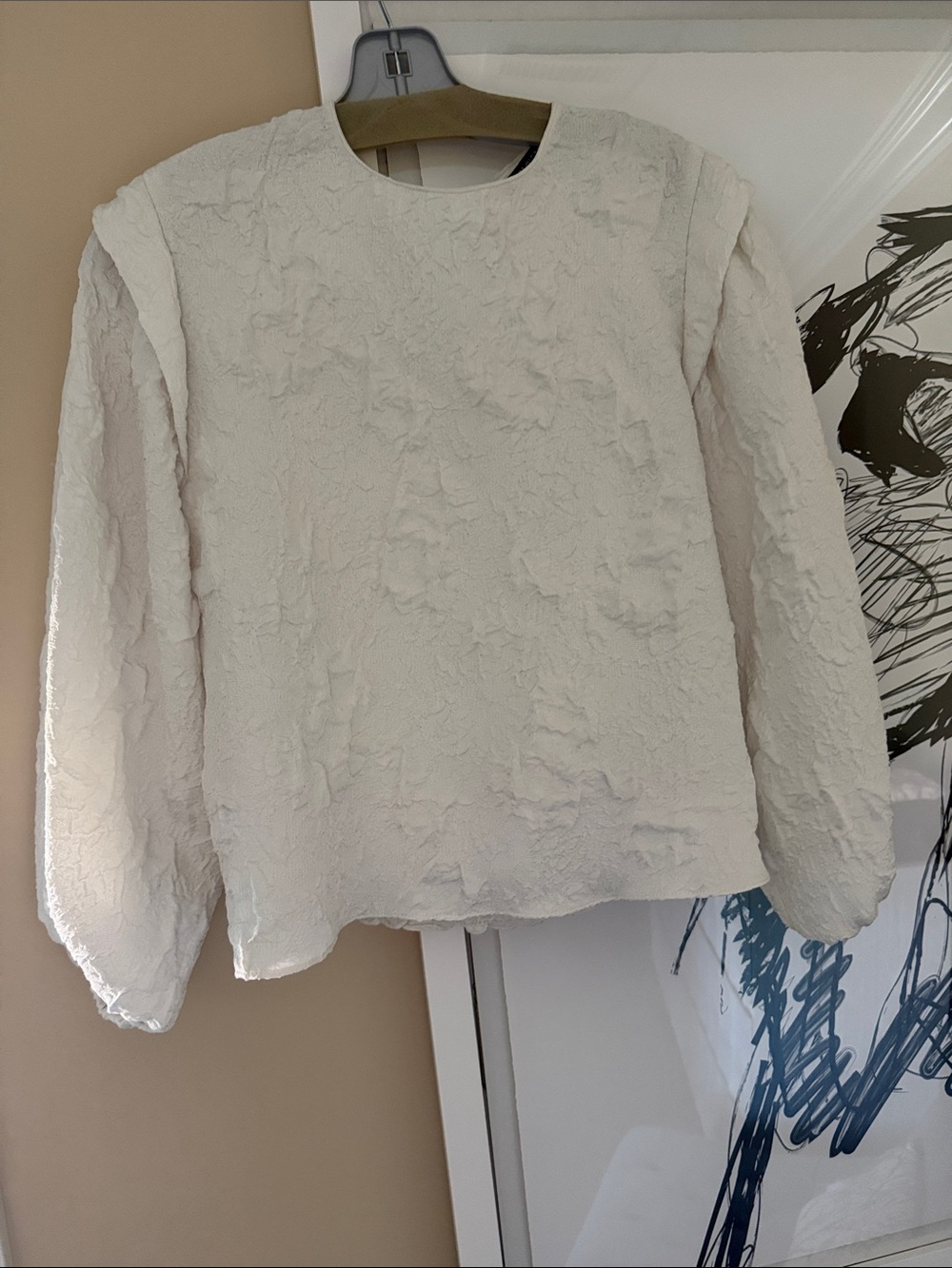 Zara Cream Textured Long-Sleeve Crewneck Top